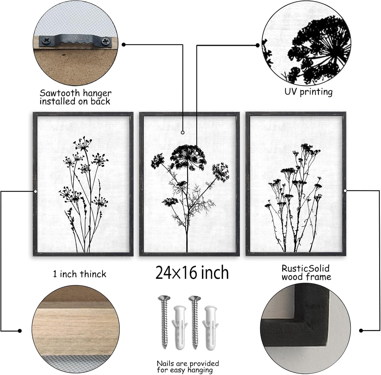 Flower Plant Wall Art Decor 24"x16" Set of 3 Black And White Botanical Painting Wood Framed For
