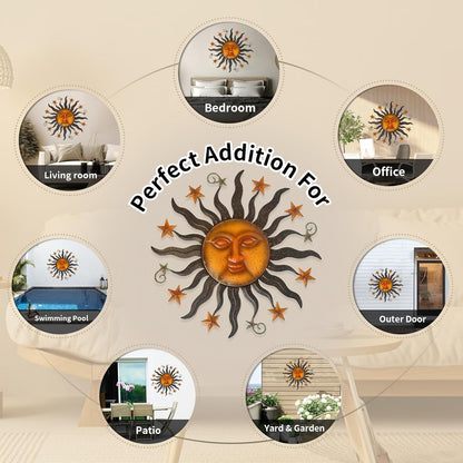 LIFFY 24" Sun Face Metal Wall Art for Outdoor Decor - Solar Themed Hanging Sculpture