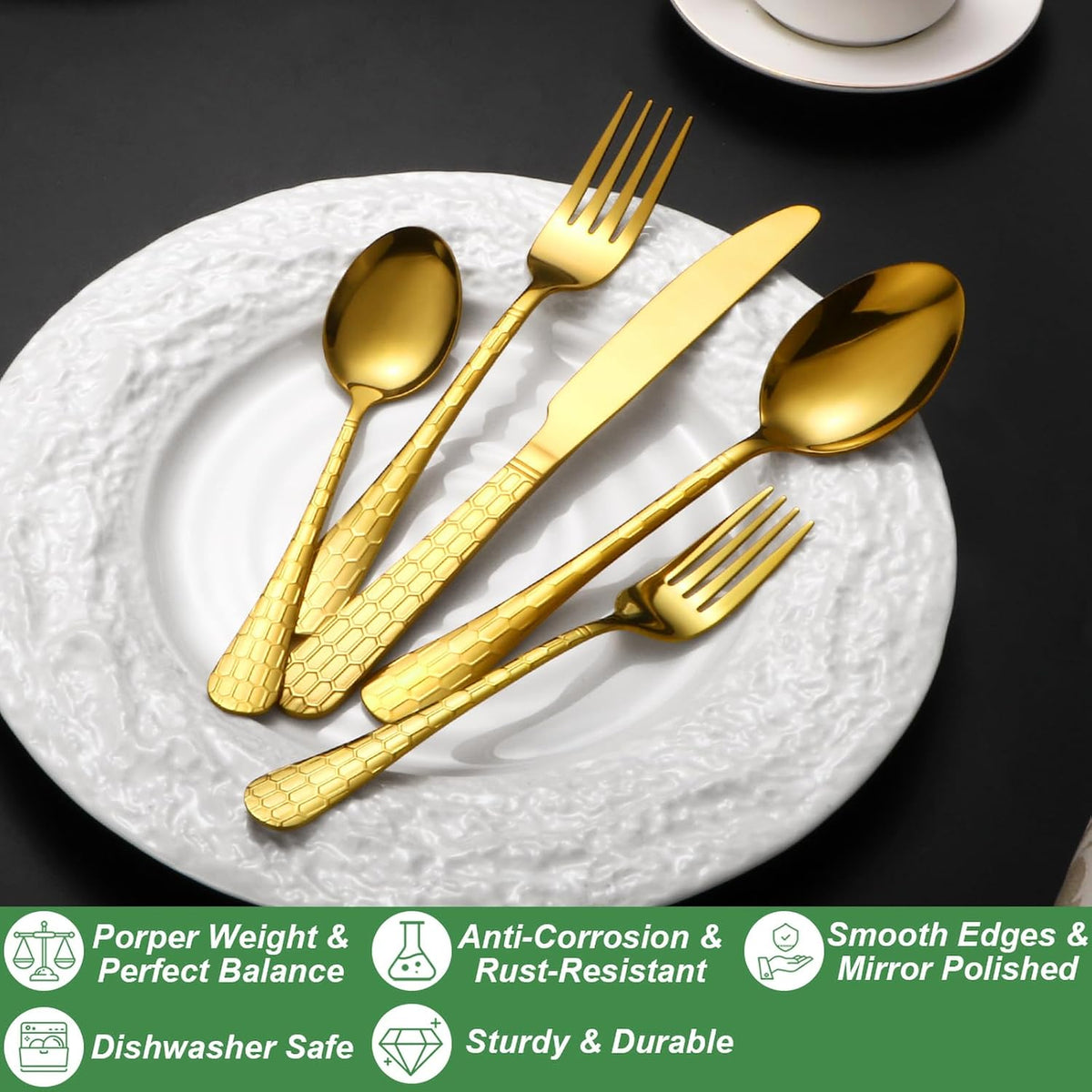 40 Pcs Gold Silverware Set for 8 with Water Cube Handle design, Food Grade Stainless Steel Flatware