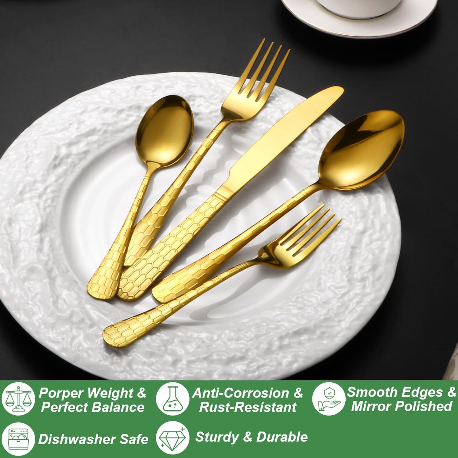 20 Pcs Gold Silverware Set for 4 with Water Cube Handle design, Food Grade Stainless Steel Flatware