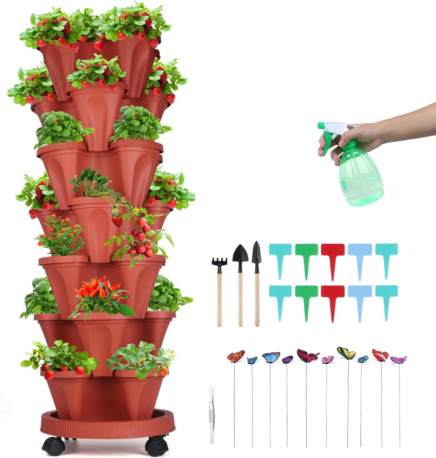 Vertical Planter, 7 Tier Stackable Strawberry Planter with Garden Tool Set, Movable Indoor/Outdoor