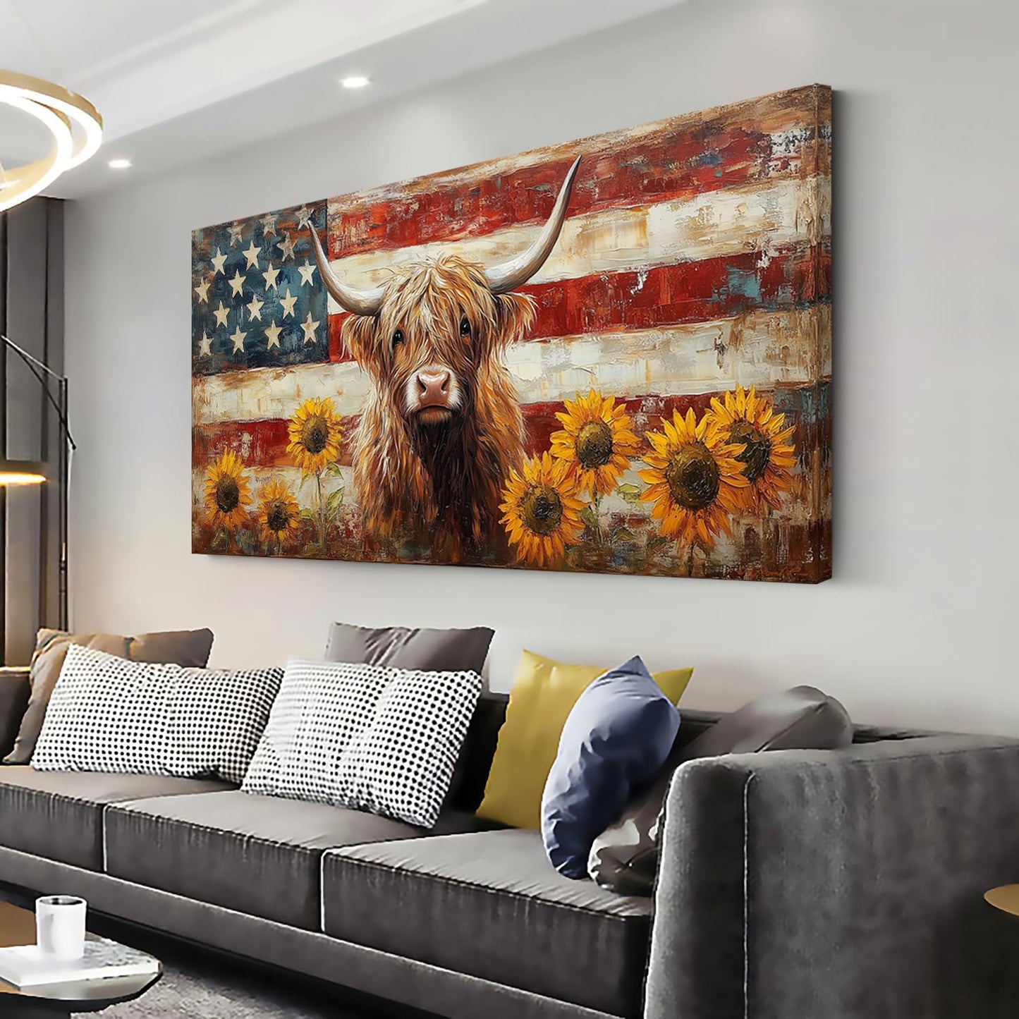 LASMOND Country Highland Cow Wall Art for Living Room Rustic Retro Vintage American Flag Sunflower