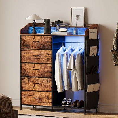 LUMTOK 2-in-1 Dresser with Hanging Racks,5 Fabric Drawers Dressers with LED Lights, Charging