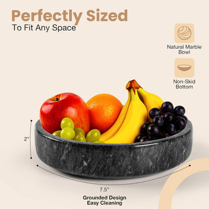 Marble Decorative Bowl - 7.5" Natural Black Solid Marble Centerpiece - Handmade Stone Fruit Bowl