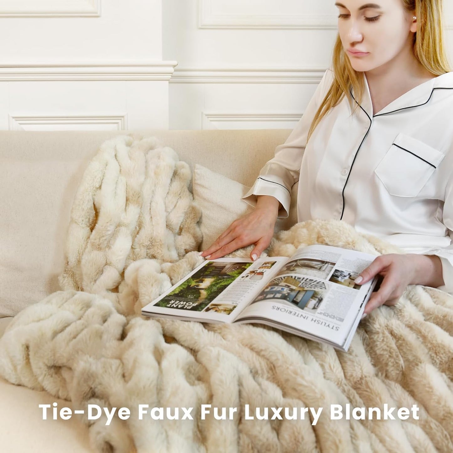 Faux Fur Blanket, Throw Blanket for Couch, Fluffy Blanket with Stretch Ruched Design, Ultra Soft