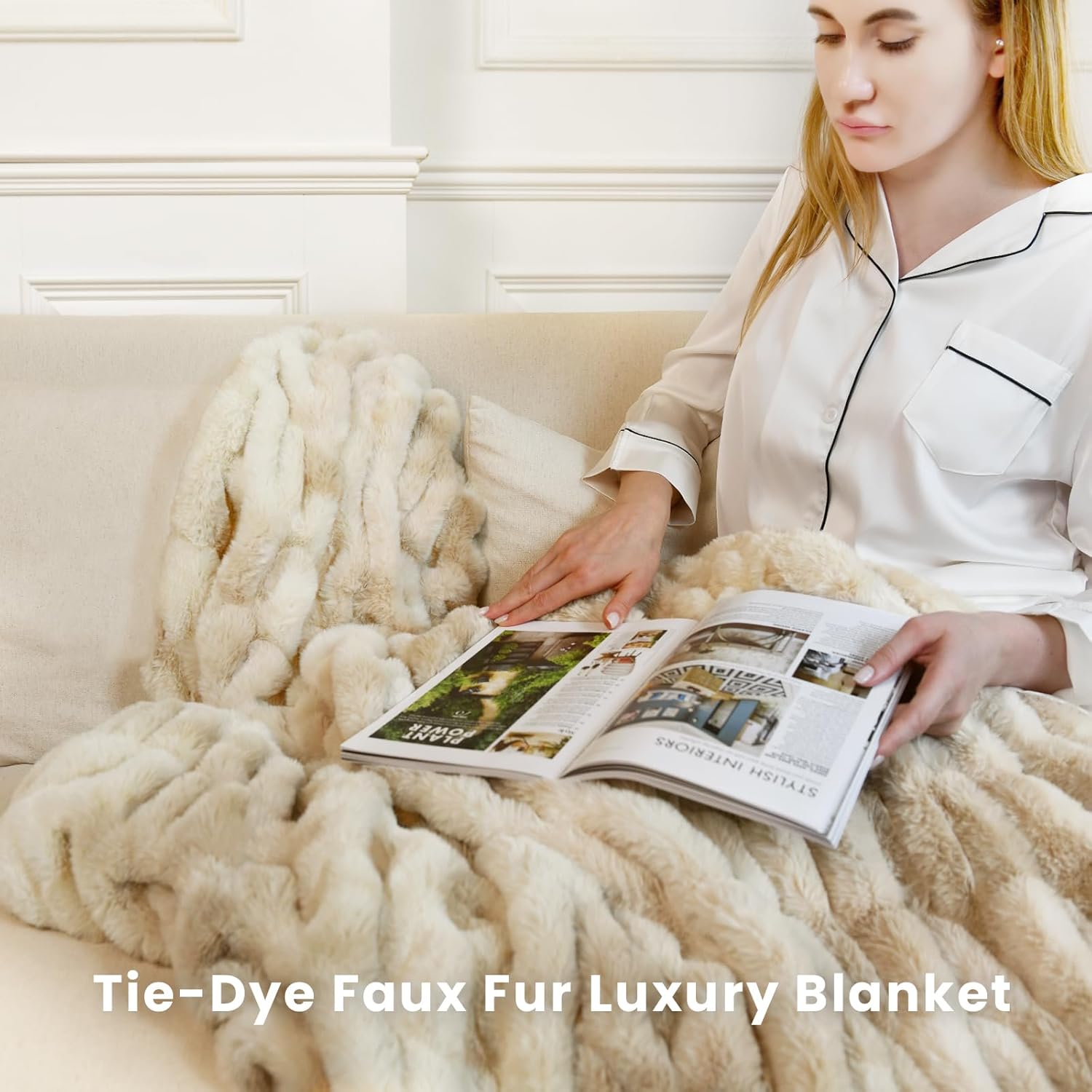 Faux Fur Blanket, Throw Blanket for Couch, Fluffy Blanket with Stretch Ruched Design, Ultra Soft