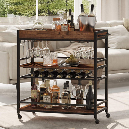 BON AUGURE Bar Cart for The Home, Rolling Home Bar Serving Cart on Wheels, 3 Tier Liquor Beverage