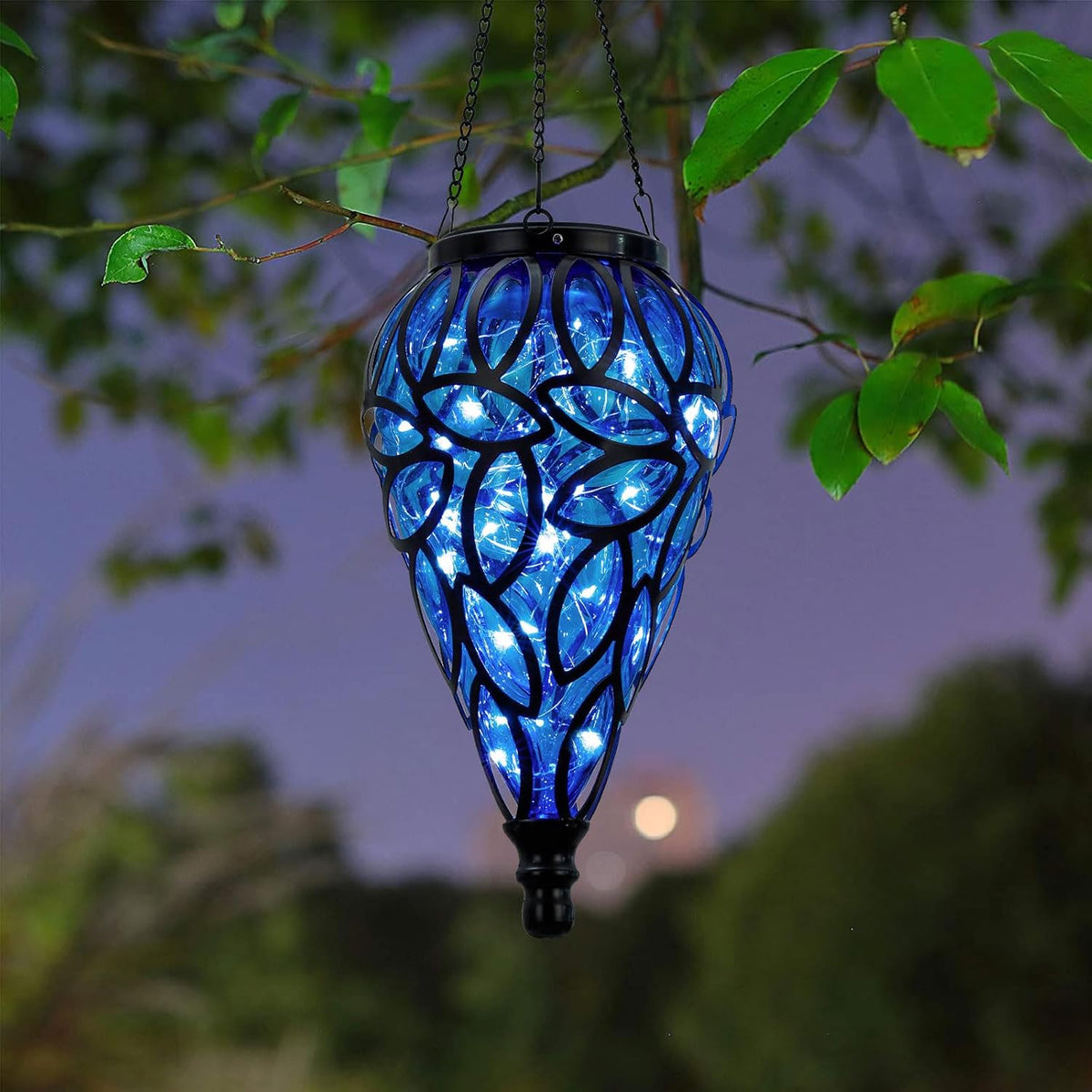 SUNNYPARK Outdoor Plastic Solar Hanging Lantern, 15 Cool White LEDs Twinkle Effect Tear-Shaped