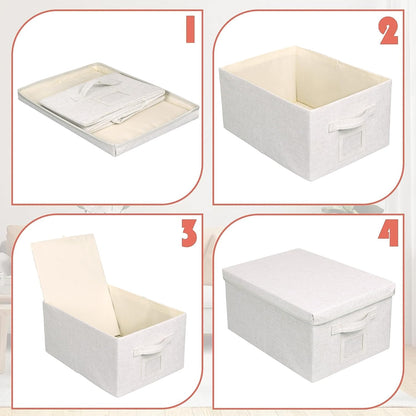 Large 17''x12'' Quart Collapsible Stackable Storage Bins with Lids, 6 Packs Off White Fabric Closet
