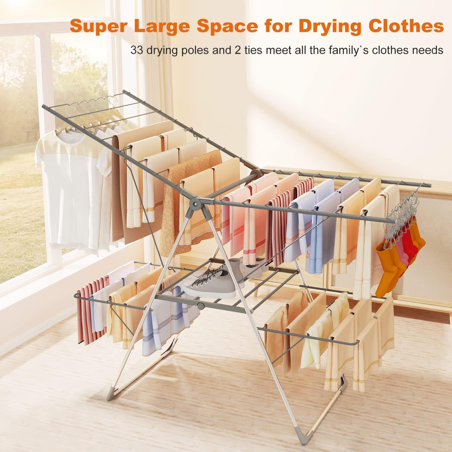 Bigzzia Clothes Drying Rack Foldable, 2-Level Large Laundry Drying Rack Collapsible, Stainless