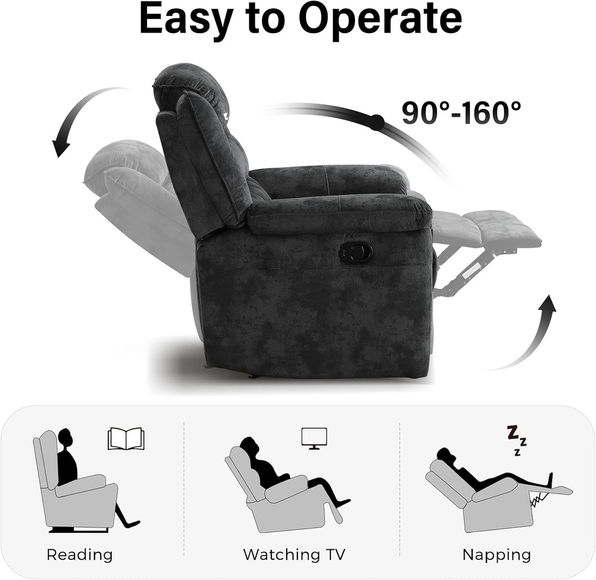 EBELLO Manual Recliner Chair, Soft Fabric Recliner Sofa with Overstuffed Armrest and Backrest for