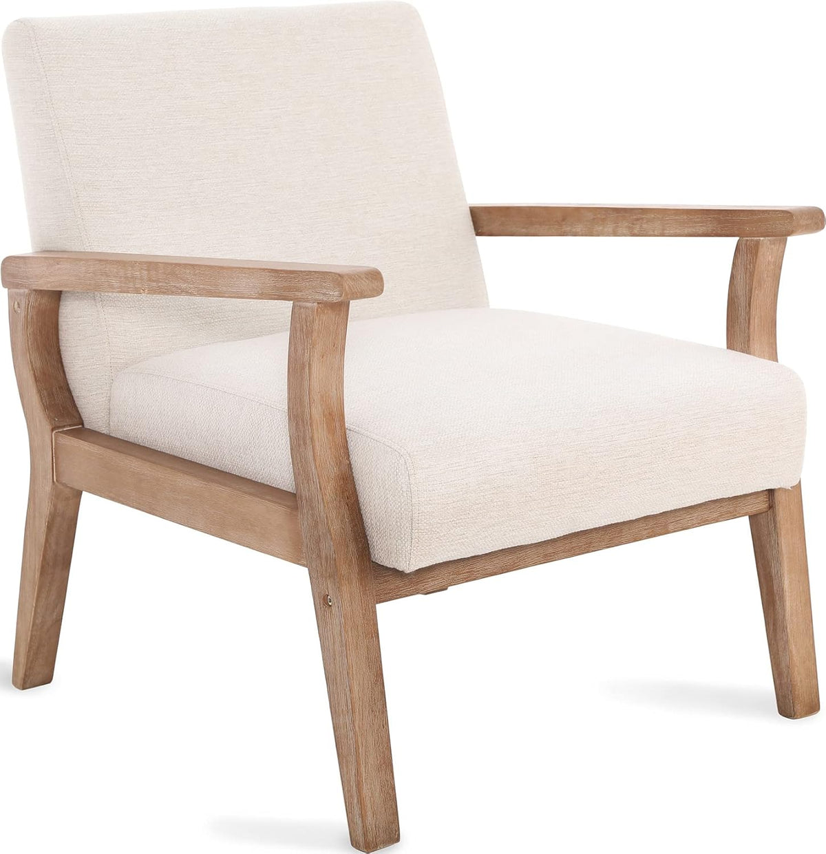 Accent Chair Mid Century Modern Armchair, Linen Upholstered Living Room Accent Armchair with Wood