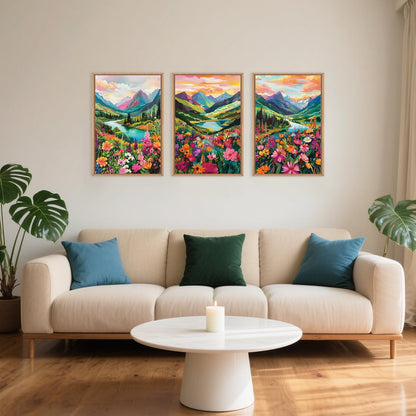 Celestdeco Wildflower Blossom Framed Canvas Wall Art Set, Colorful Flowers Painting, Abstract