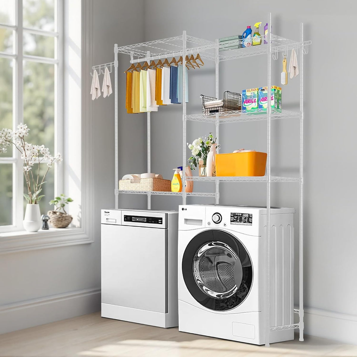 VEVOR Over The Washer and Dryer Storage Shelf, 5 Tier Laundry Room Drying Rack with Hanger Rod and