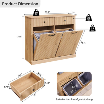 Modern Double Tilt-Out Trash Cabinet, 20 Gallon Fluted Laundry Hamper Cabinet with 2 Drawers