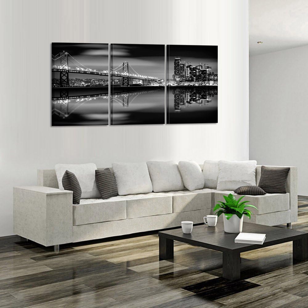KREATIVE ARTS - San Francisco Bay at Night in Black and White Bridge 3 Panels Modern Landscape