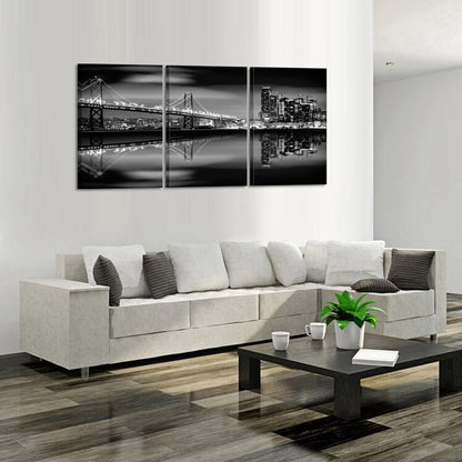 KREATIVE ARTS - San Francisco Bay at Night in Black and White Bridge 3 Panels Modern Landscape