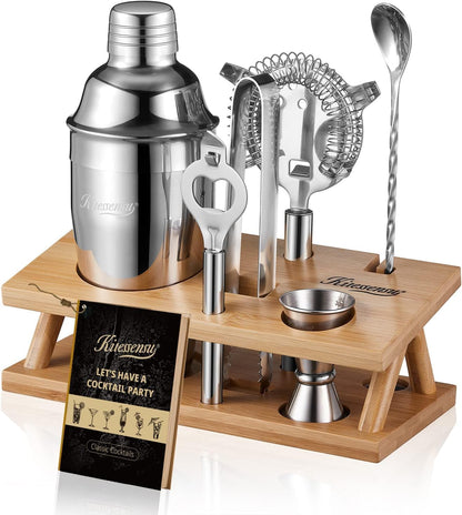KITESSENSU Cocktail Shaker Set Bartender Kit, 6-Piece Silver Bar Set with Stand, Bar kit with