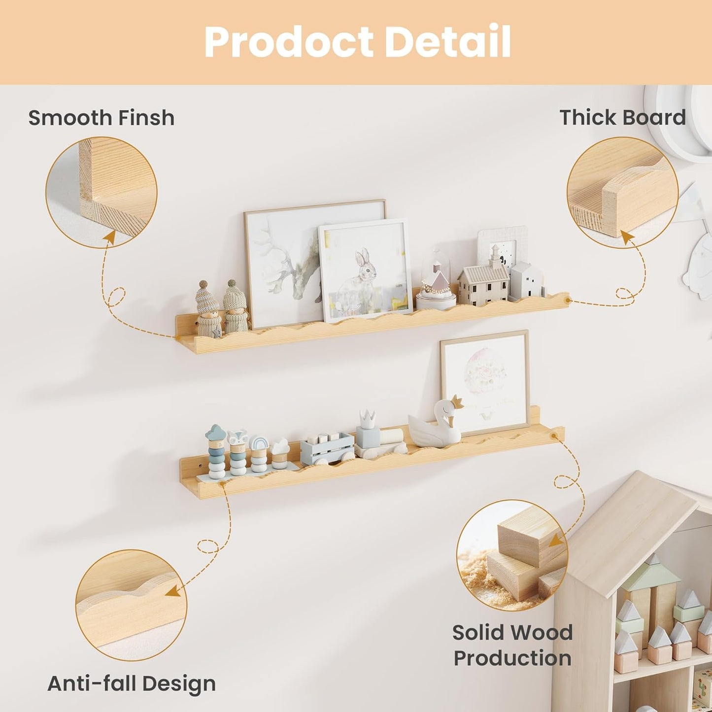 Fun Memories Picture Ledge Shelf for Wall, 36 inch Pine Wood Nursery Book Shelves Set of 2- Wall