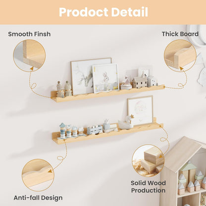 Fun Memories Picture Ledge Shelf for Wall, 36 inch Pine Wood Nursery Book Shelves Set of 2- Wall