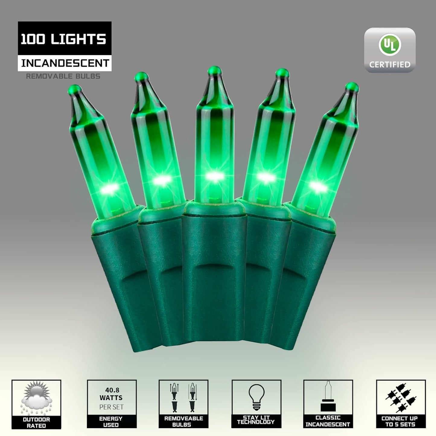 100LIGHTS Green Extra-Bright with End Connectors Christmas Decorative Lights 5.98m UL Certified