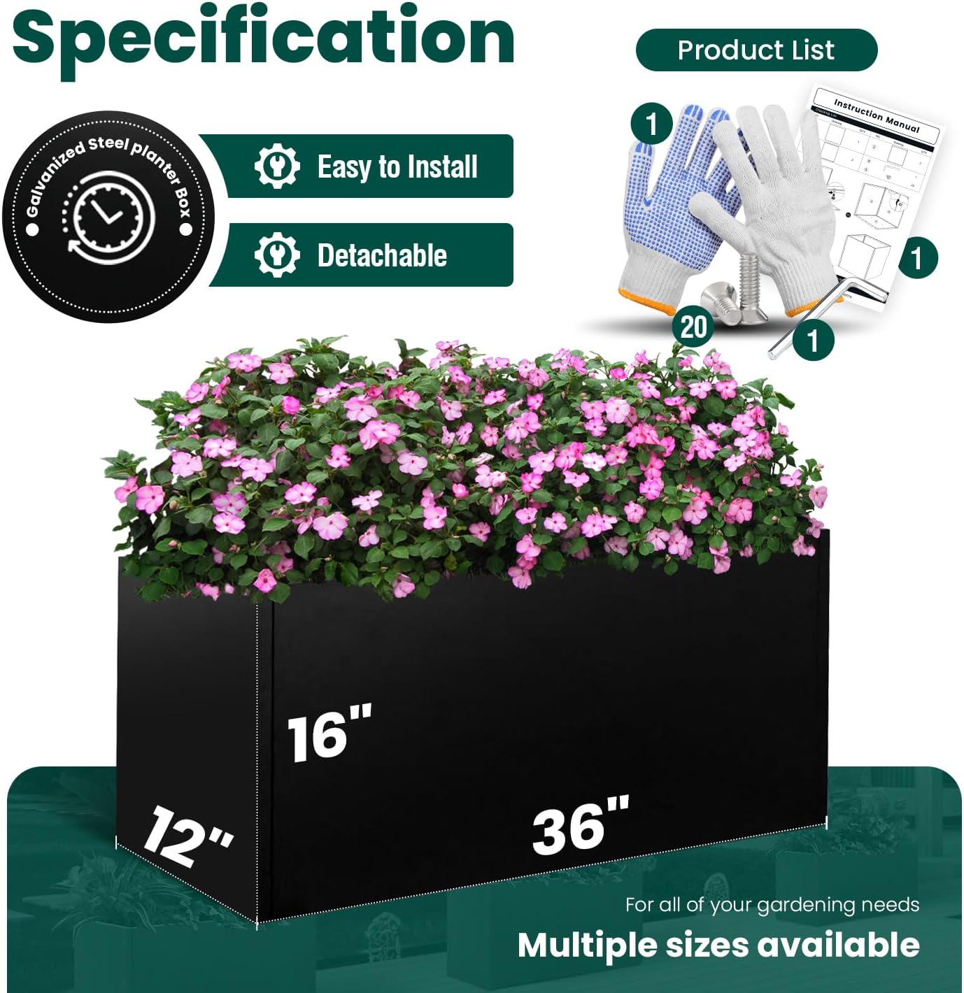 Black Planter Box Galvanized Steel Metal Planter Rectangular Indoor Large Outdoor Planters Steel