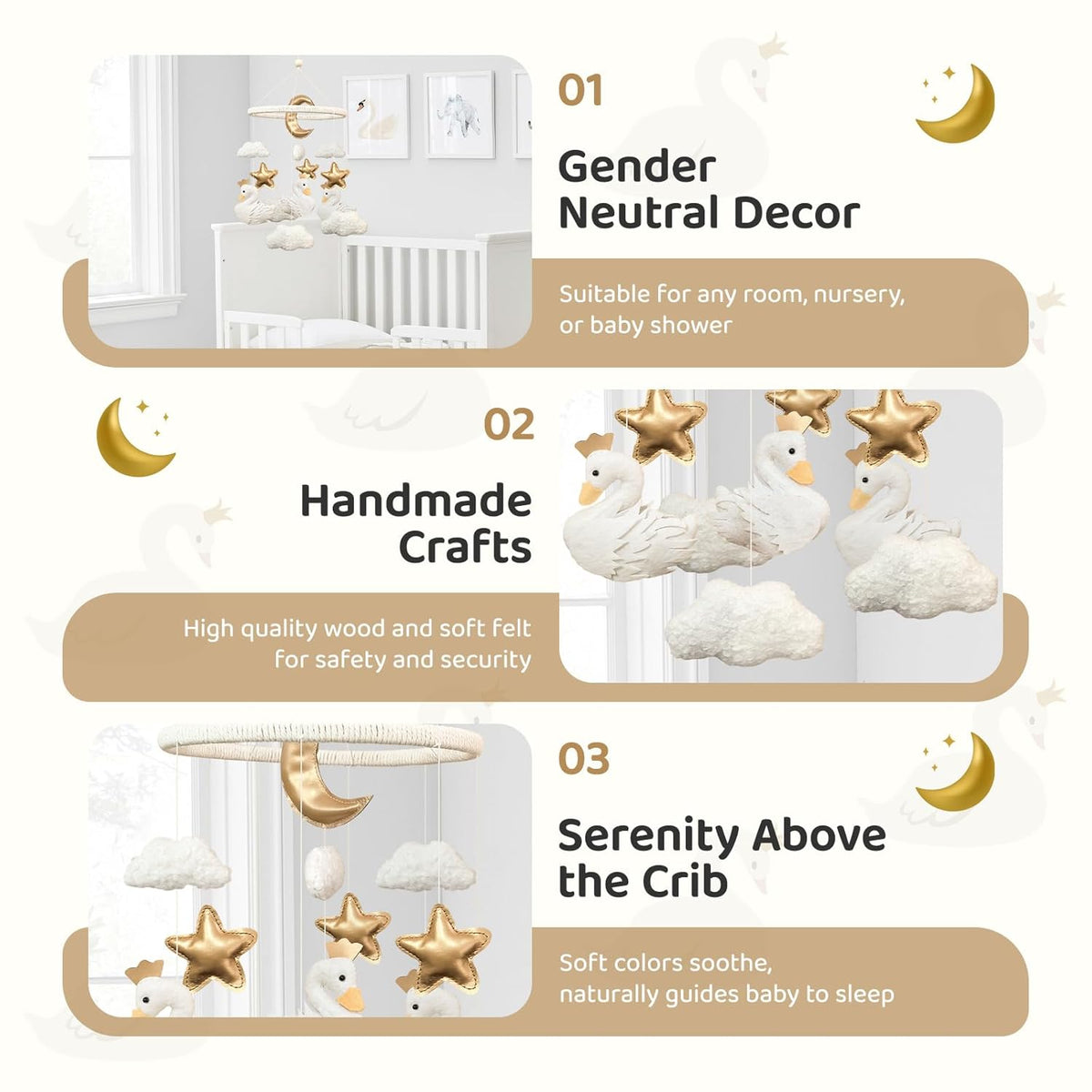 Baby Mobile for Crib Swan Nursery Decor for Girls Handmade Boho Baby Crib Mobile Cloud Moon Star