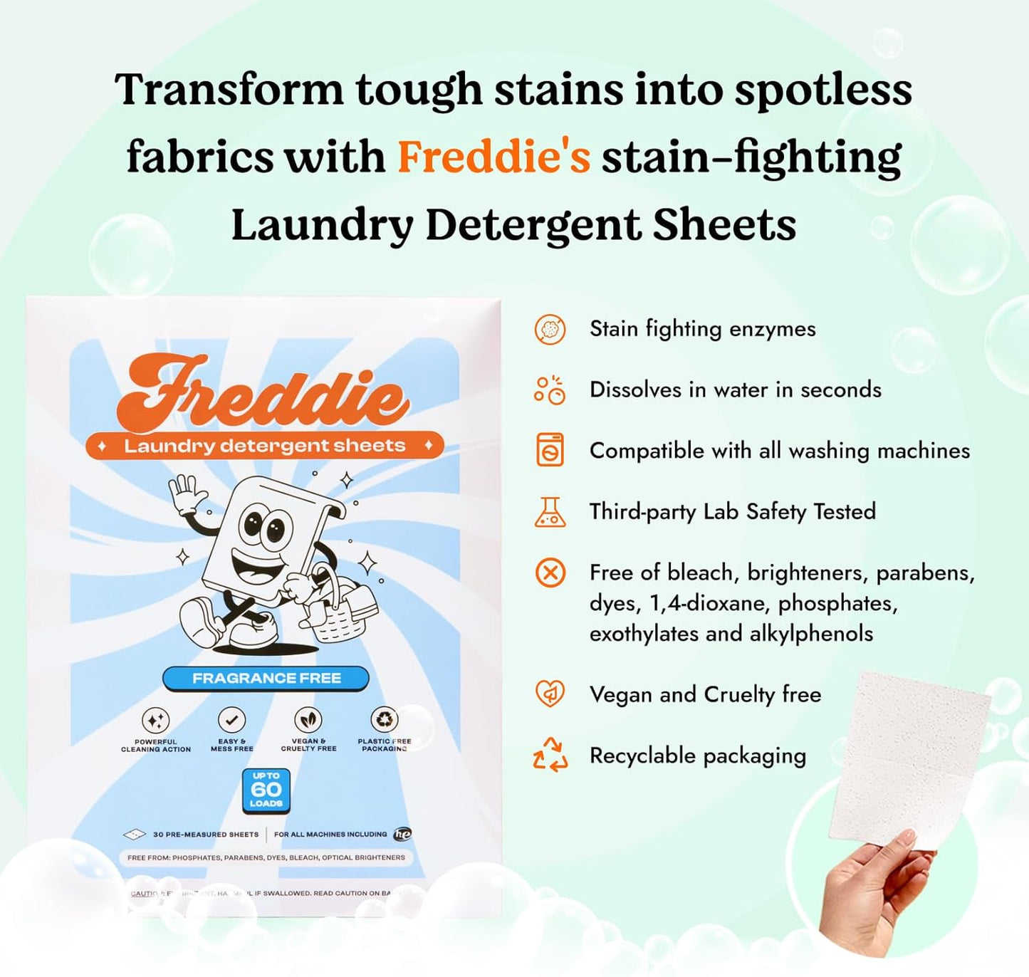 Freddie Low-Waste Laundry Detergent Sheets – Jug Free Format – Pre-Measured Strips – 60 Loads