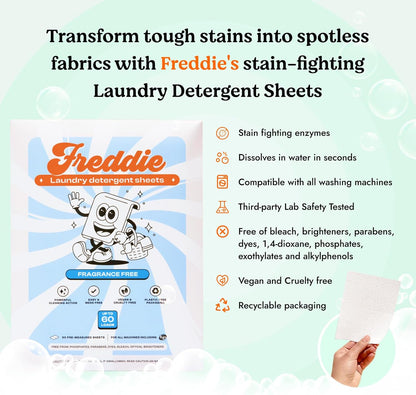 Freddie Low-Waste Laundry Detergent Sheets – Jug Free Format – Pre-Measured Strips – 60 Loads