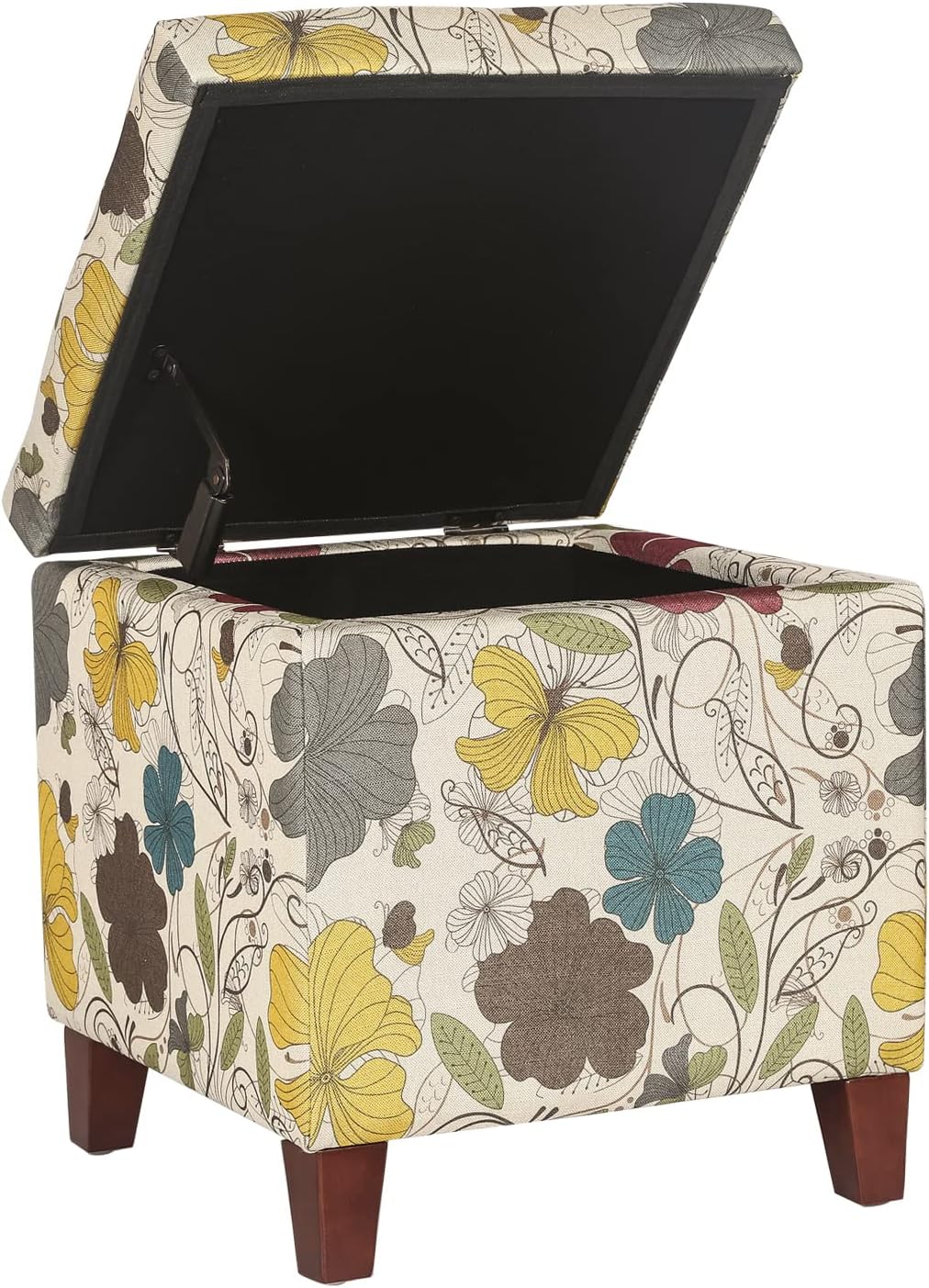 Adeco 18 Inch High Cube Ottoman Storage, Floral Printed Linen Chair Foot Stools, Upholstered Vanity