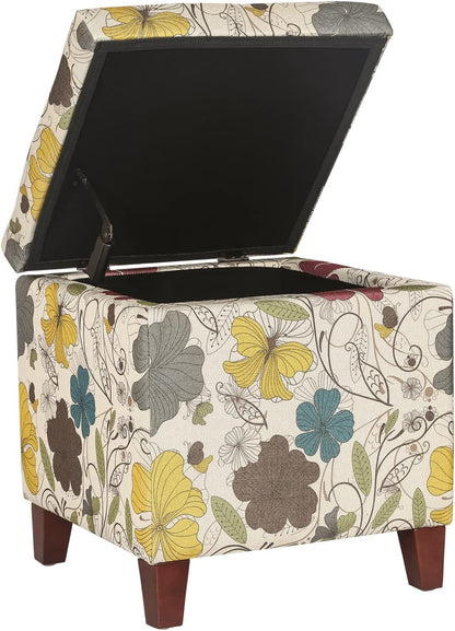 Adeco 18 Inch High Cube Ottoman Storage, Floral Printed Linen Chair Foot Stools, Upholstered Vanity