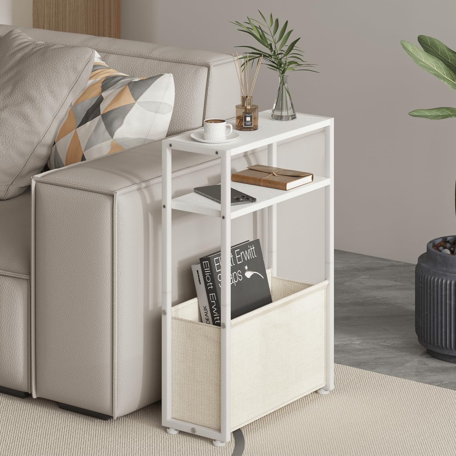 Narrow Side Table, Slim End Tables with Fabric Basket, Skinny Table for Small Spaces, Thin Bedside