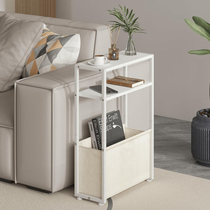 Narrow Side Table, Slim End Tables with Fabric Basket, Skinny Table for Small Spaces, Thin Bedside