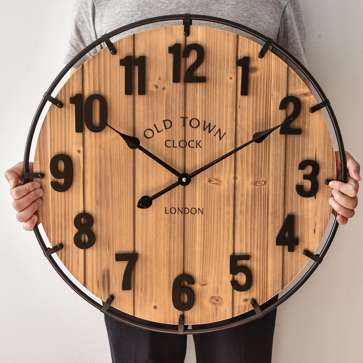 Large Old Town Farmhouse Wall Clock 24 Inch Rustic Antique Wood with Metal Circle and Large