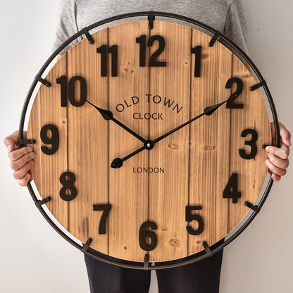 Large Old Town Farmhouse Wall Clock 24 Inch Rustic Antique Wood with Metal Circle and Large