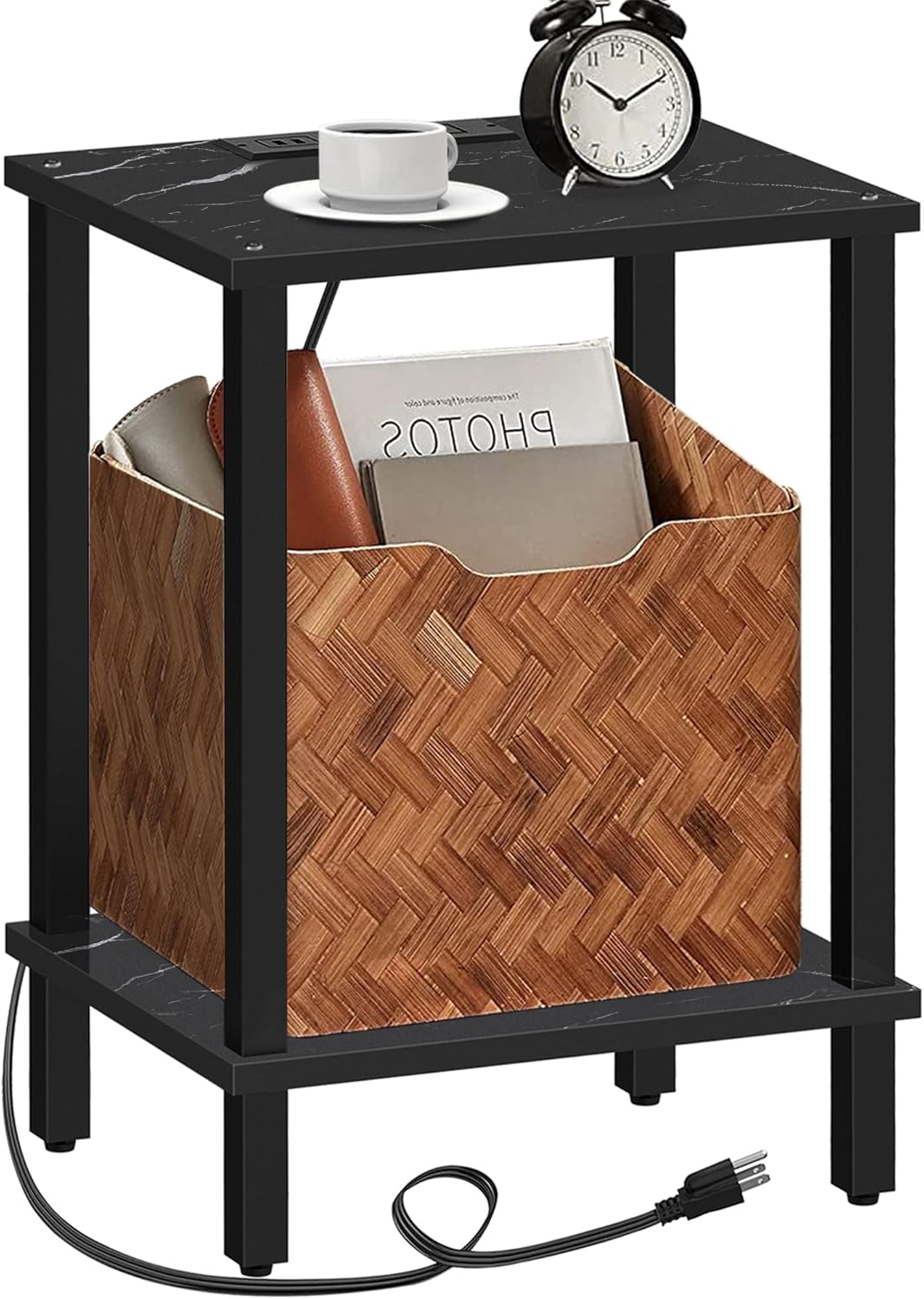 TUTOTAK End Table with Charging Station, Small Side Table, Nightstand Bedside Table, 2-Tier Storage
