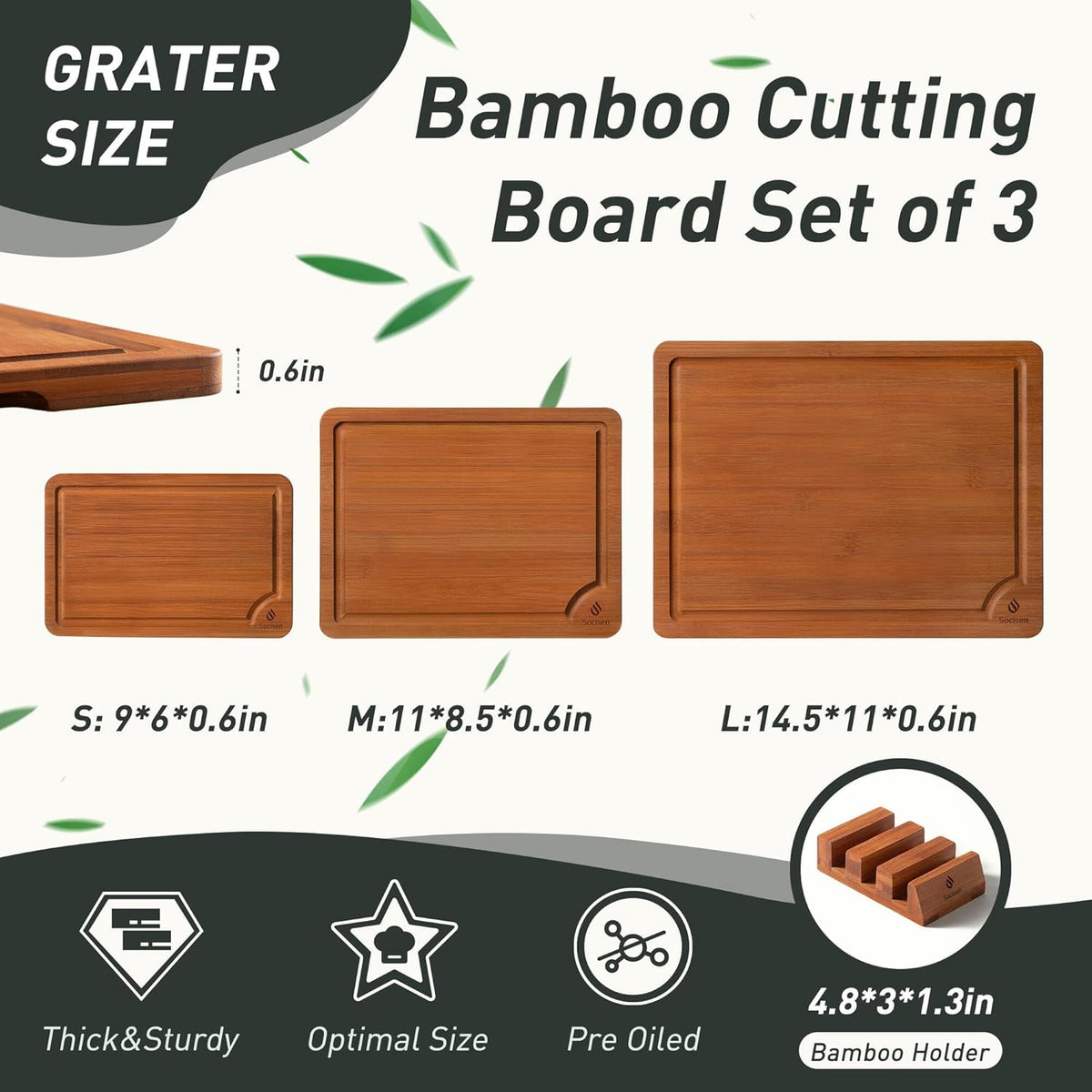 3 Packs Bamboo Cutting Board Set with Non Slip Feet Holder and Over Sink Nice Solid Thick Wood
