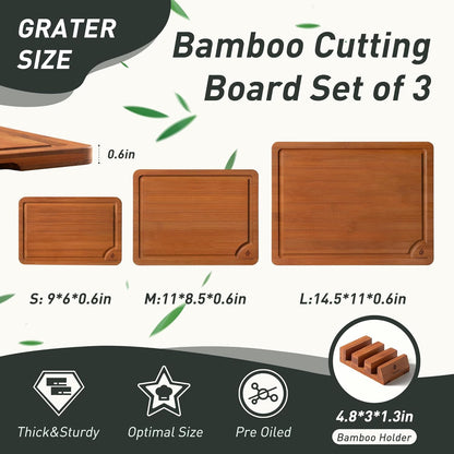 3 Packs Bamboo Cutting Board Set with Non Slip Feet Holder and Over Sink Nice Solid Thick Wood