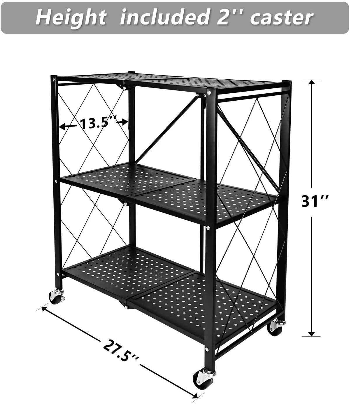 HealSmart Heavy Duty 3-Tier Foldable Metal Rack, 14.96" D x 27.95" W x 34.25" H Storage Shelving