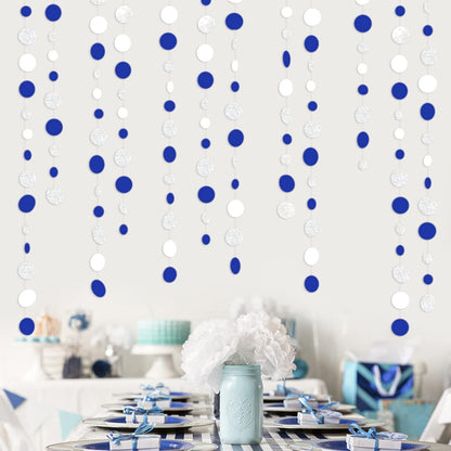 46 Feet Navy Blue White and Silver Circle Dots Garland Royal Blue Hanging Paper Polka Dots Streamer