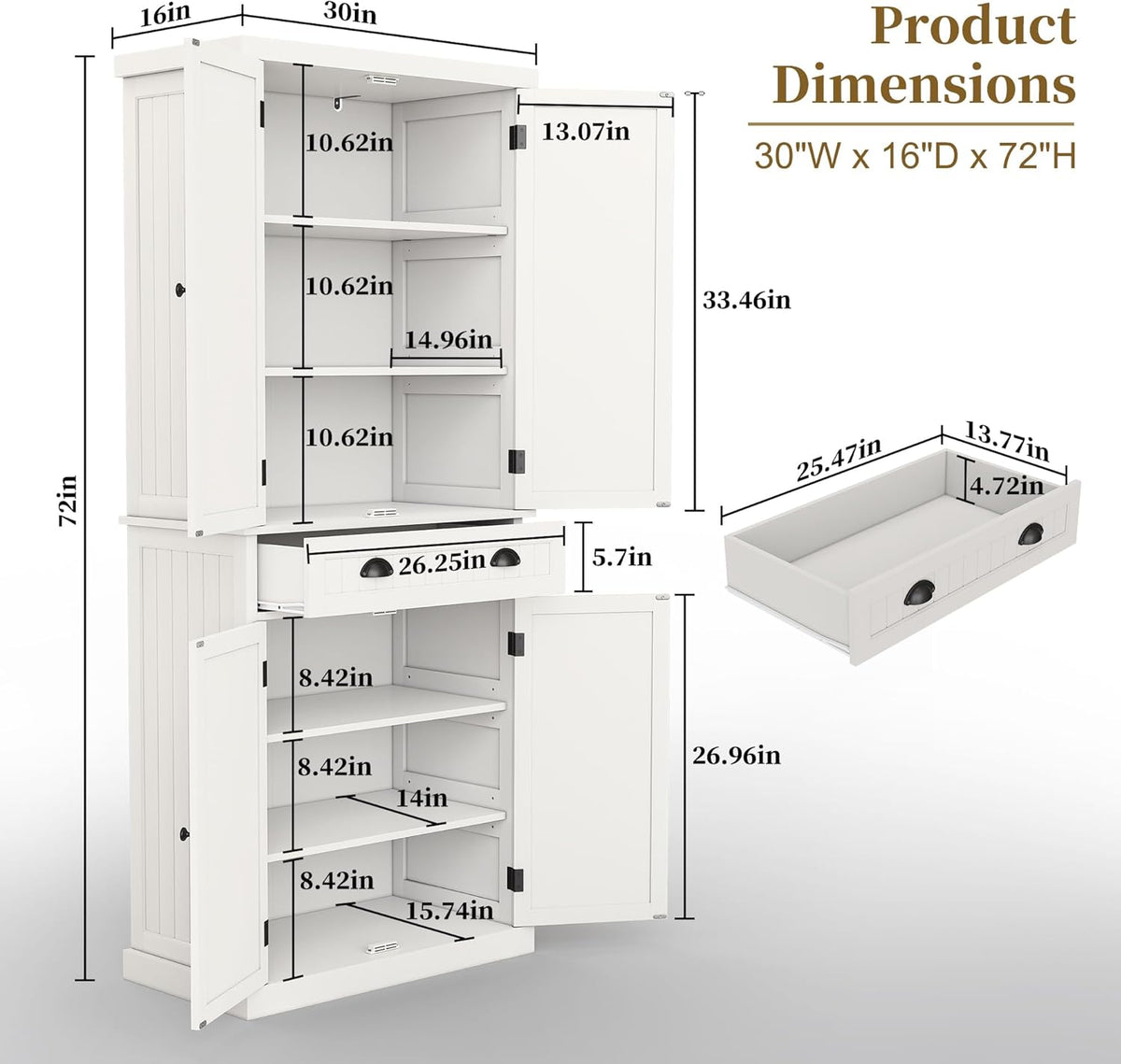 ARTPOWER 72" Tall Kitchen Pantry Storage Cabinet with Drawer and Adjustable Shelves, Pantry Cabinet