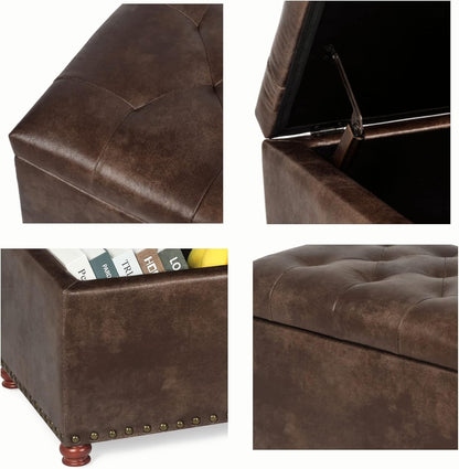 24'' Leather Ottoman with Storage Rectangle Foot Rest Ottomans Stool for Living Room(Brown,Leather