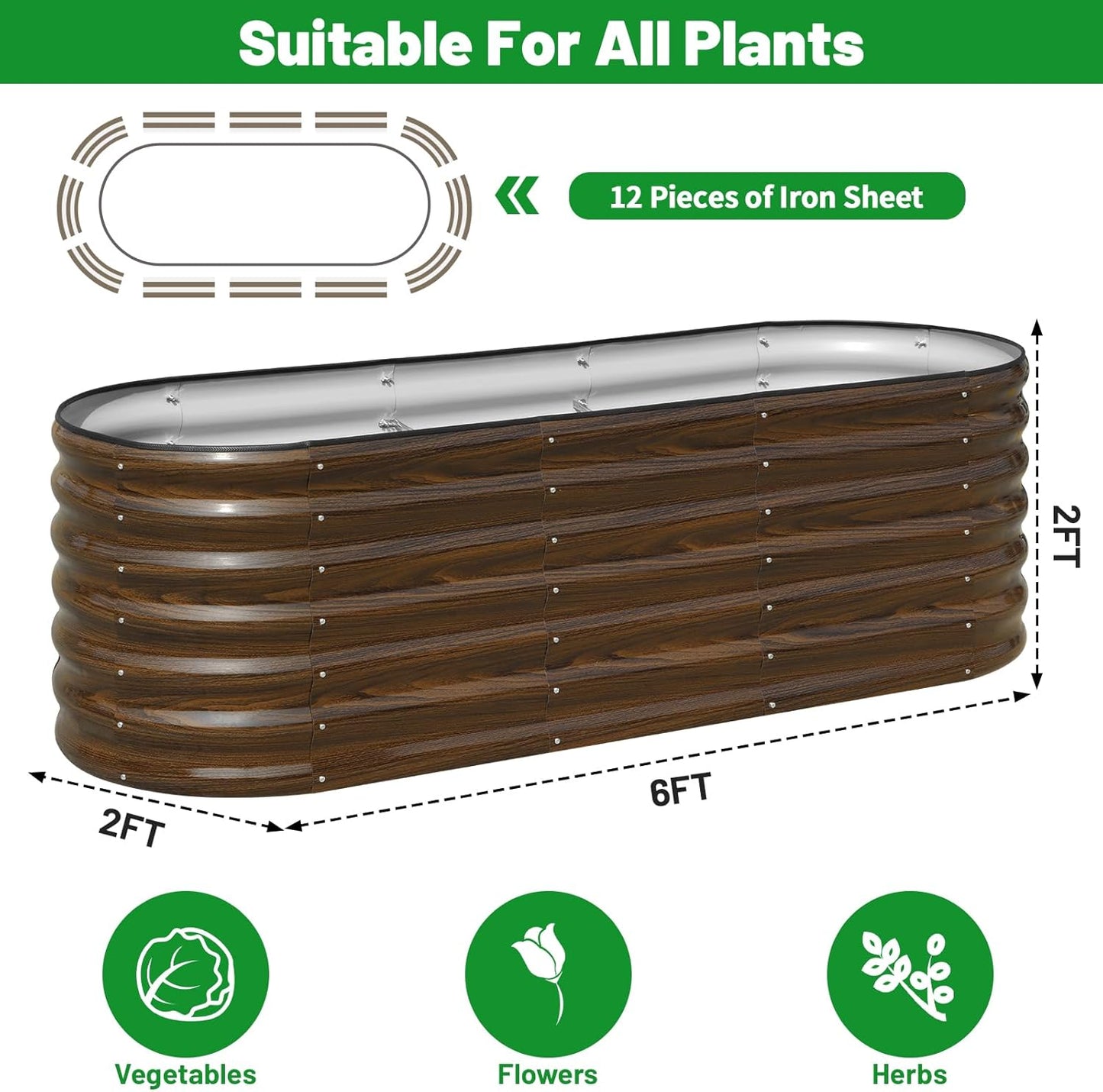 SnugNiture Galvanized Steel Raised Garden Bed, 6x2x2 ft, Outdoor Oval Deep Root Planter Box for