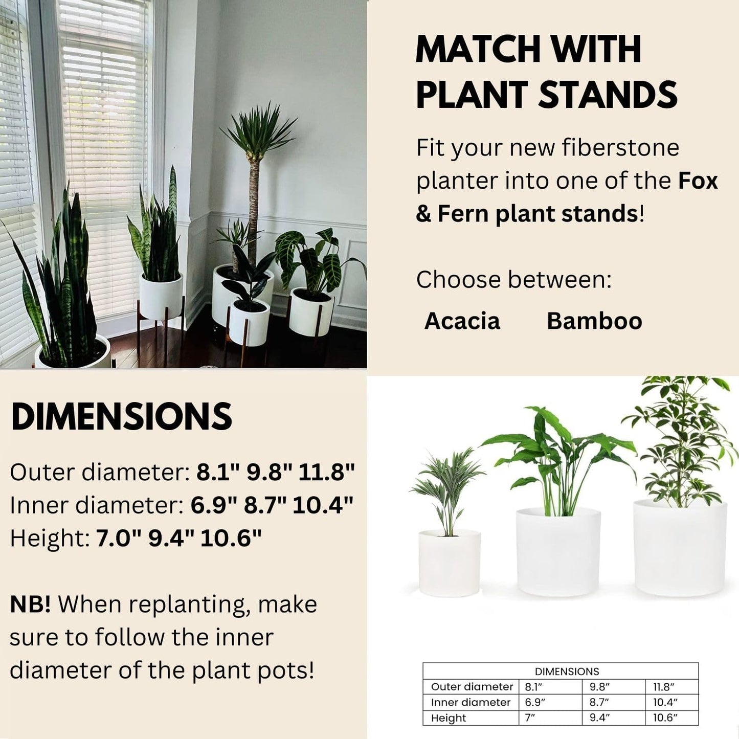 Fox & Fern Matte White Plant Pots with Drainage Plug (Set of 3) — Premium Lightweight Fiberstone 8