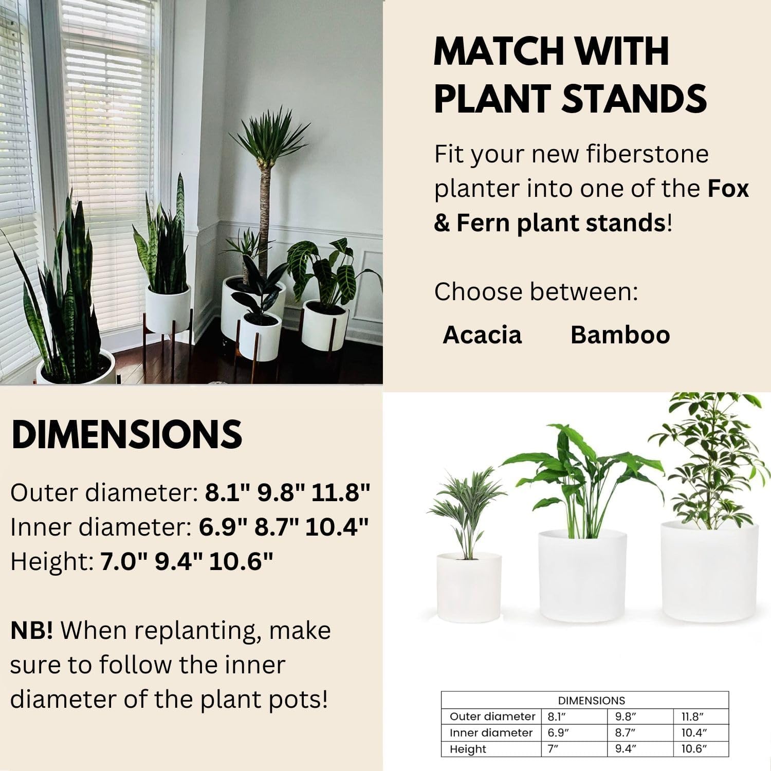 Fox & Fern Matte White Plant Pots with Drainage Plug (Set of 3) — Premium Lightweight Fiberstone 8