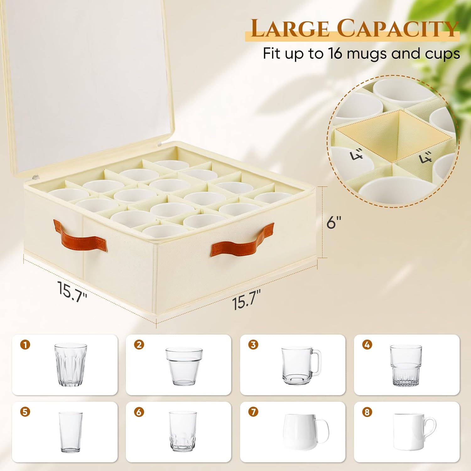 2 Pack Cup and Mug Storage Box with Dividers and Hard Shell, Stackable Coffee Cup Storage Organizer