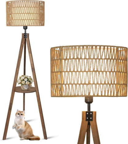 Boho Tripod Floor Lamps for Living Room, Rattan Wood Floor Lamp with Fabric Shades, Mid Century