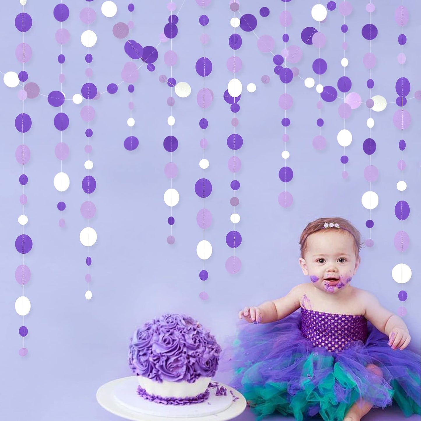 46 Ft Purple and White Circle Dots Garland Lavender Hanging Paper Polka Dot Streamer for Birthday