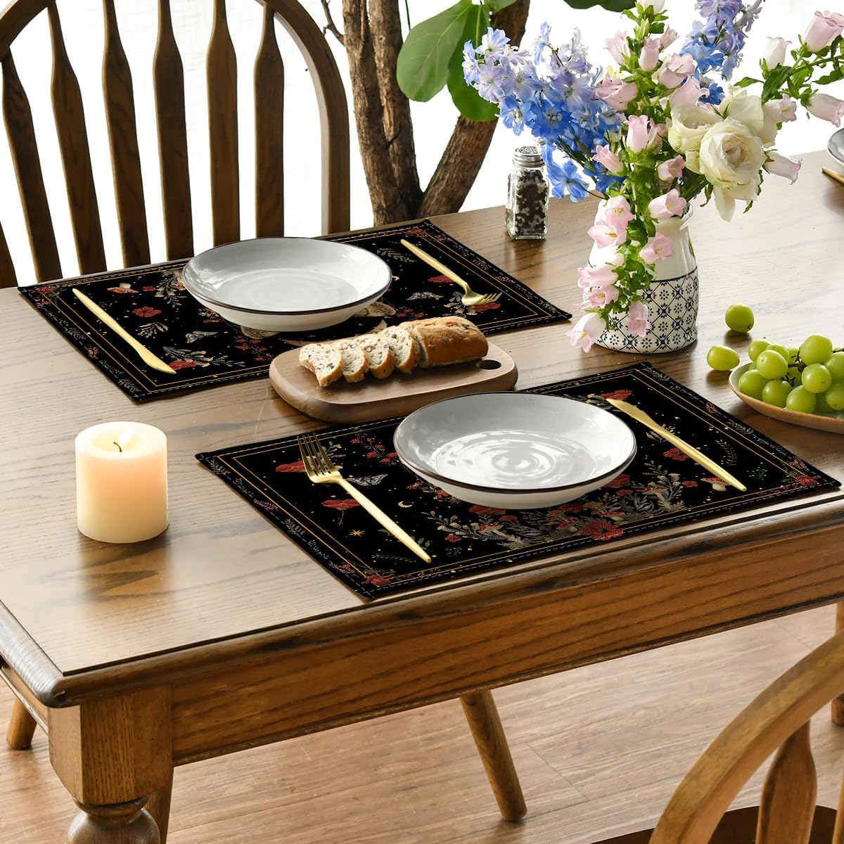 Artoid Mode Black Poppy Moth Moon Placemats Set of 4, 12x18 Inch Floral Spring Table Mats for