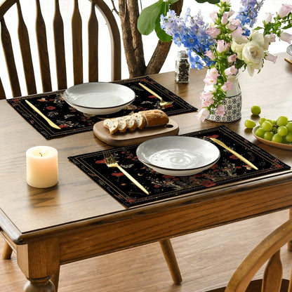 Artoid Mode Black Poppy Moth Moon Placemats Set of 4, 12x18 Inch Floral Spring Table Mats for